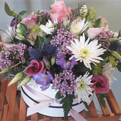 Cream Hat Box Arrangment