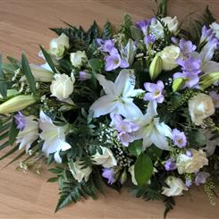 White lily and lilac freesia tear drop spray